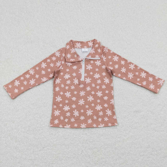 GT0363 Pink flowers brown long sleeve kids pullover