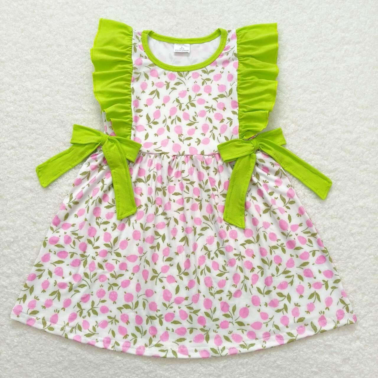 GSD1036 little beautiful pink flowers green ruffles flutter sleeve girls dress