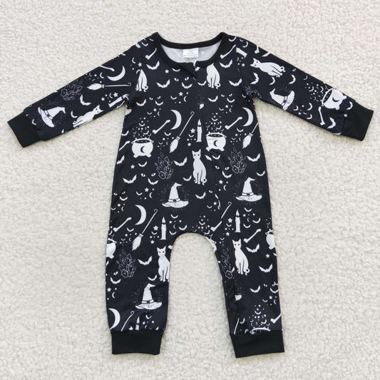 LR0473 Halloween Cat Hat Black Long Sleeve Kids Romper