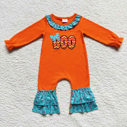 LR0619 Halloween Boo orange long sleeve girls romper