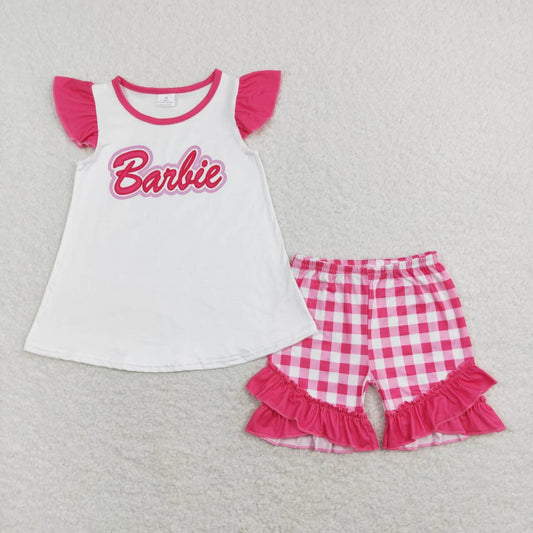 GSSO0477 Cartoon BA Flutter Sleeve Hot Pink Checkered Ruffles Shorts Girls Set