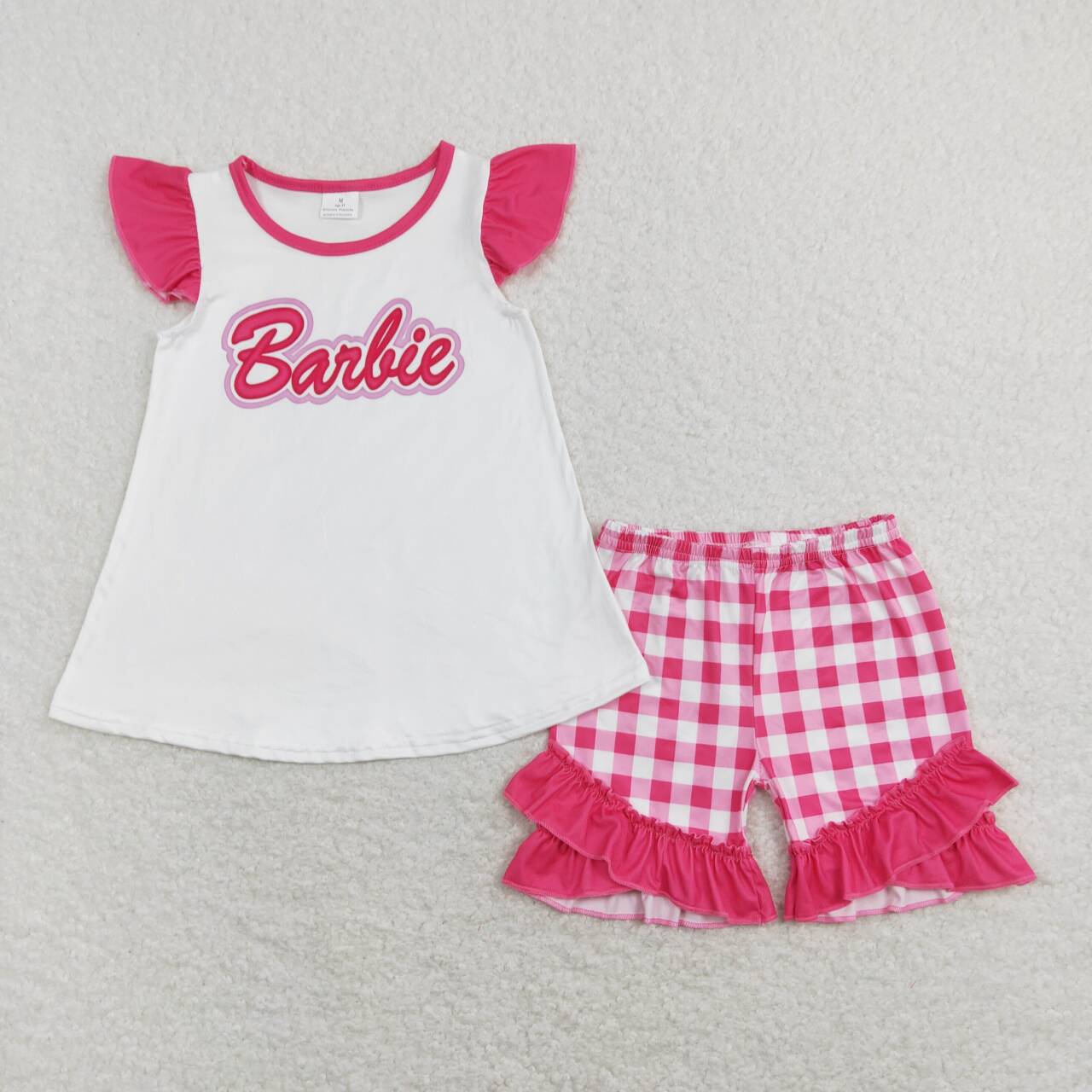 GSSO0477 Cartoon BA Flutter Sleeve Hot Pink Checkered Ruffles Shorts Girls Set