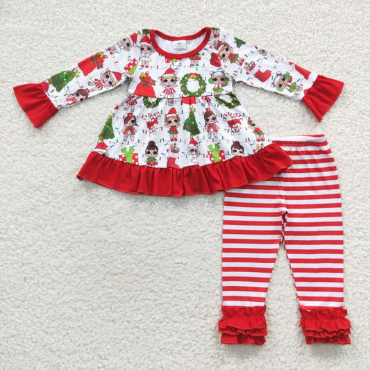 6 A27-1 Christmas Cartoon Long Sleeve Red Striped Pants Girls Set Kids Clothes