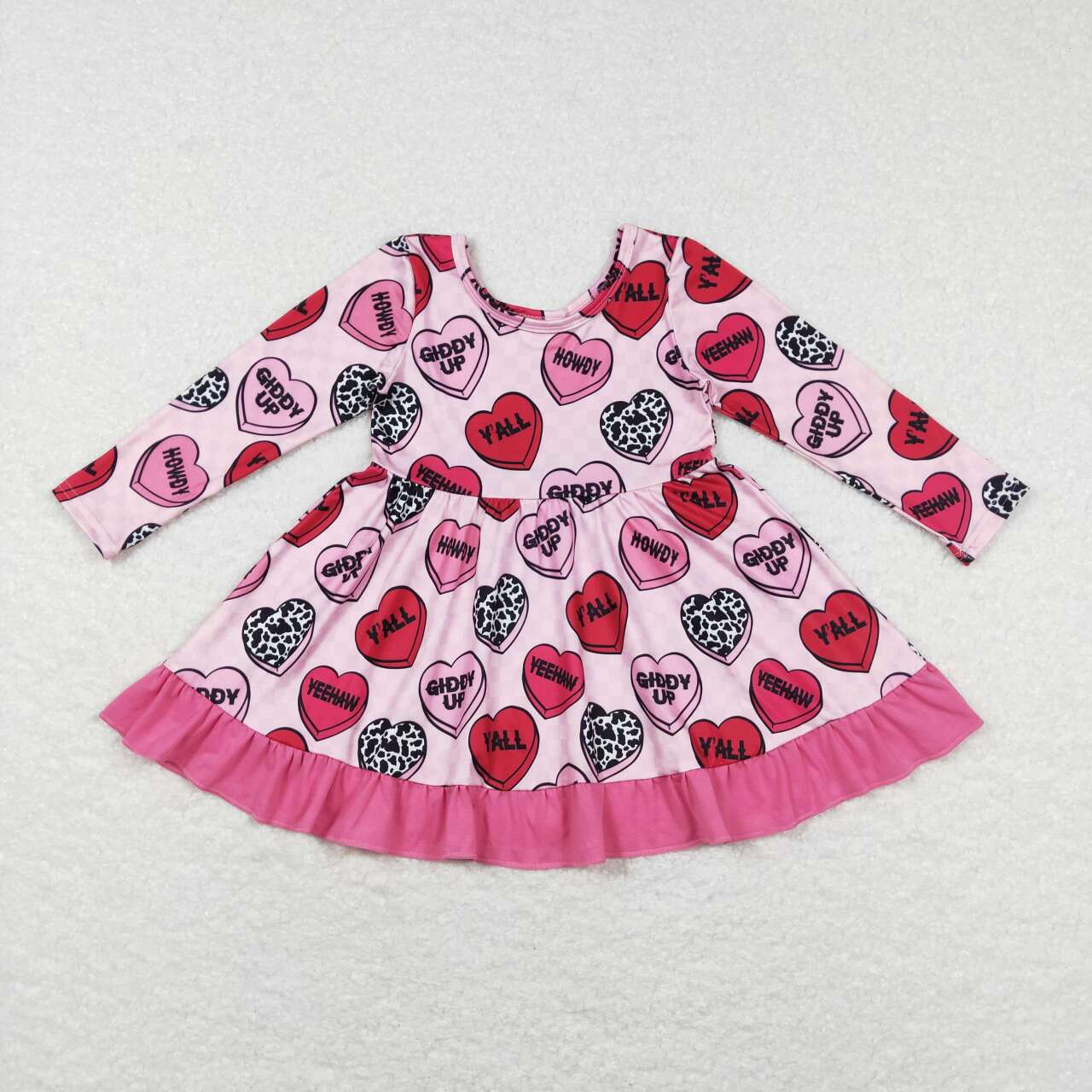 GLD0422 Howdy cow print pink long sleeve girls dress