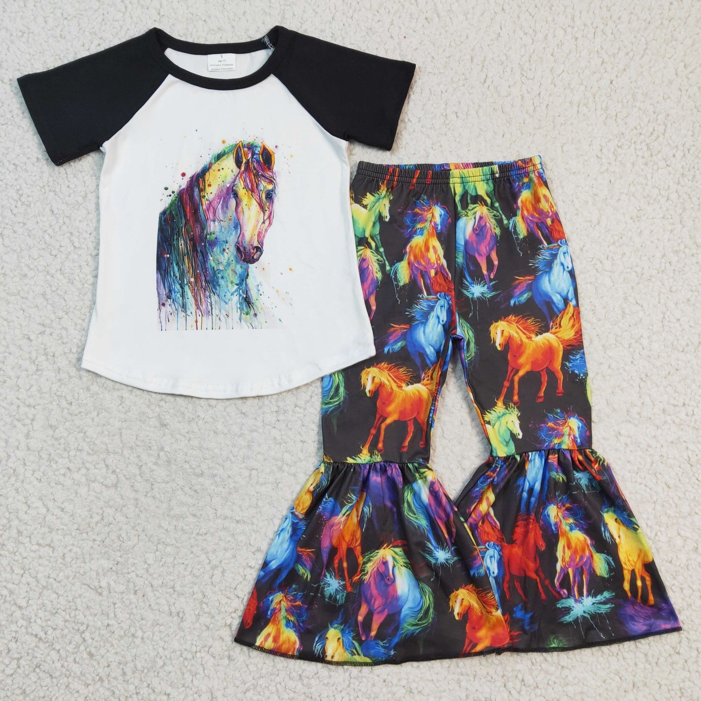 B8-4 Black Raglan Short Sleeve Horse Cool Baby Girls Outfits