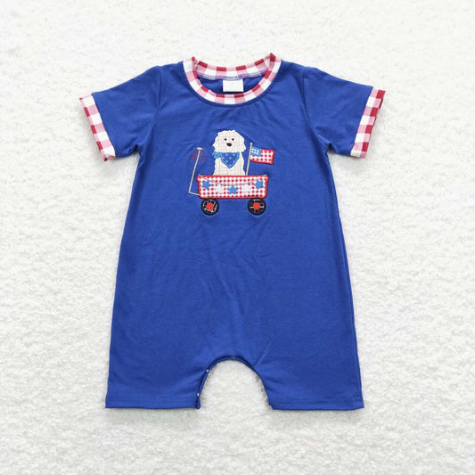 SR0749 Embroidery July 4th dog truck blue short sleeve boys romper