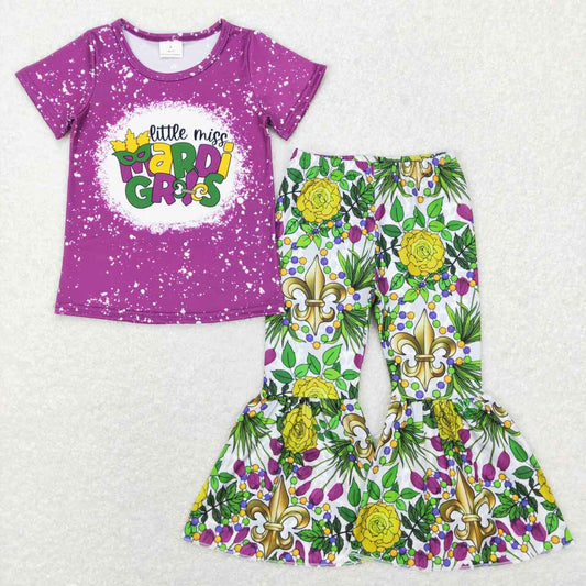 GSPO1171 Mardi Gras Purple Short Sleeve Flowers Pants Girls Set