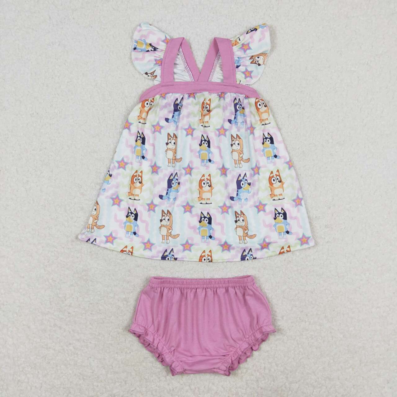 GBO0333 cartoon blue dog pink flutter sleeve girls bummies set