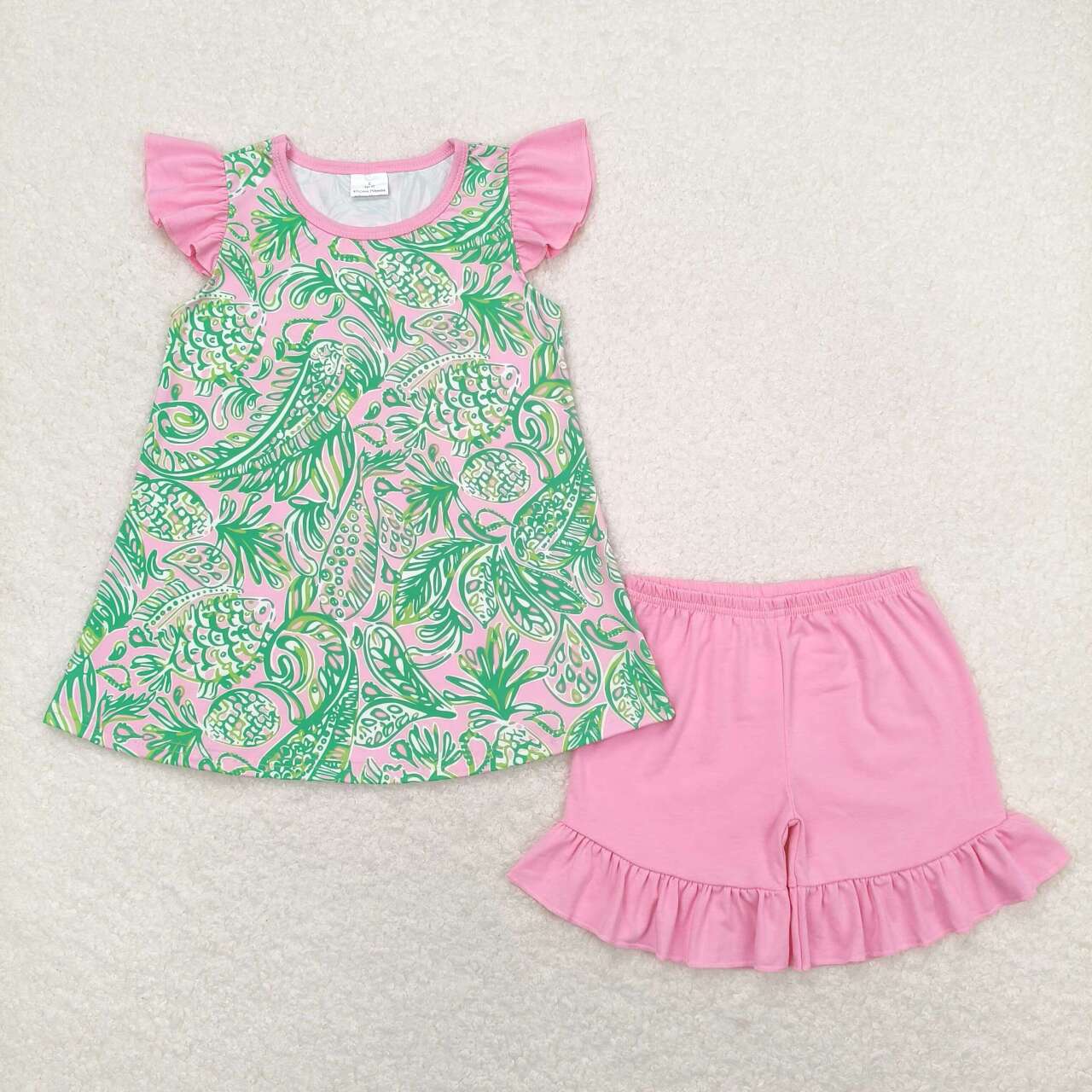 GSSO1083 green fish leaf pink flutter sleeve pink shorts girls set