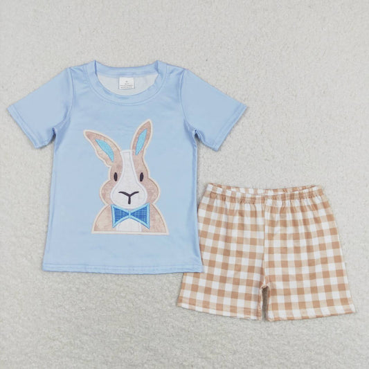BSSO0292 Easter rabbit blue short sleeve khaki checkered shorts boys set