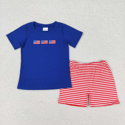 BSSO0434 embroidery July 4th Flag Blue Short Sleeve Red Striped Shorts Boys Set