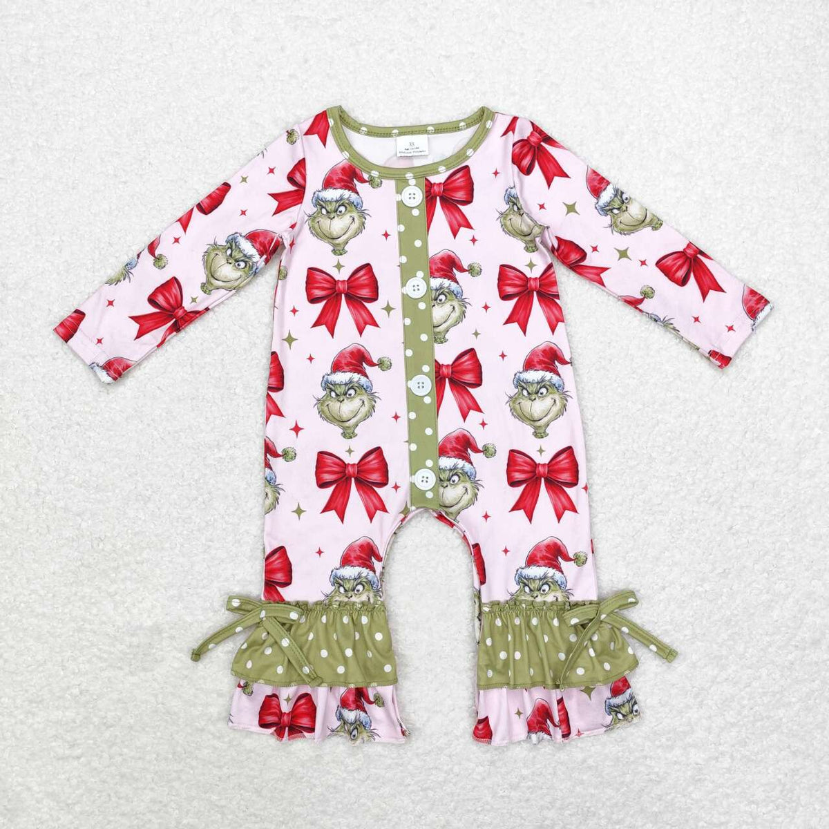 LR1557 Christmas bows green face pink long sleeve girls romper