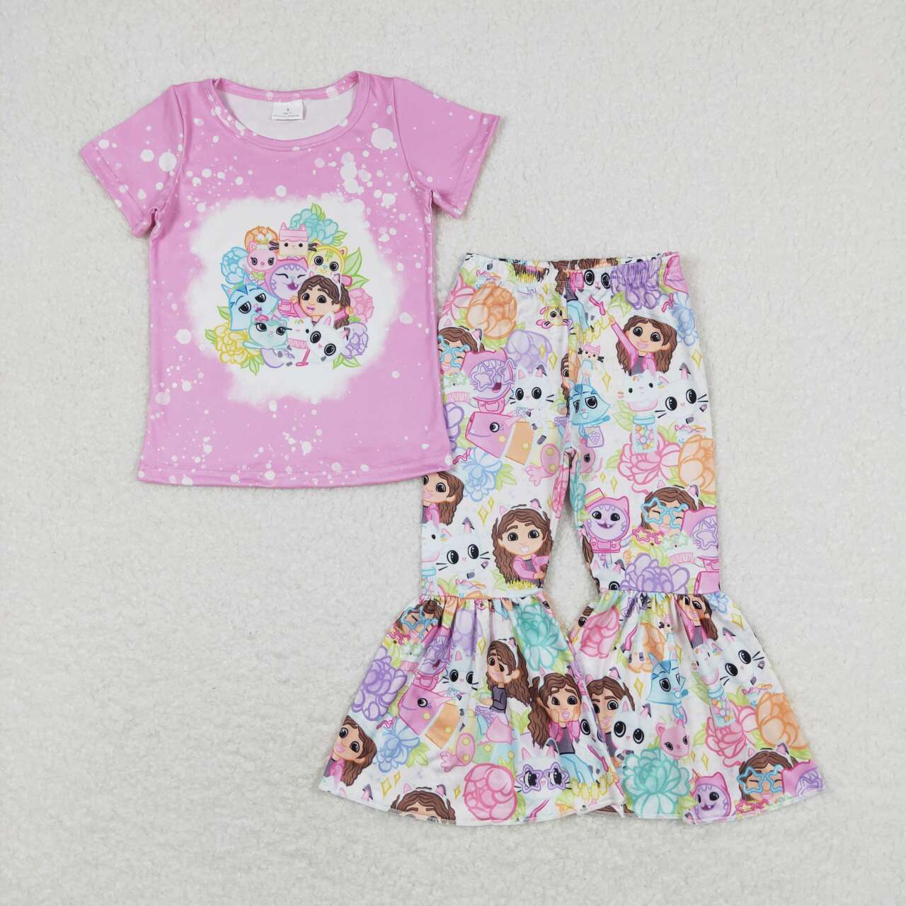 GSPO1372 Cartoon Cat Purple Short Sleeve Pants Girls Set