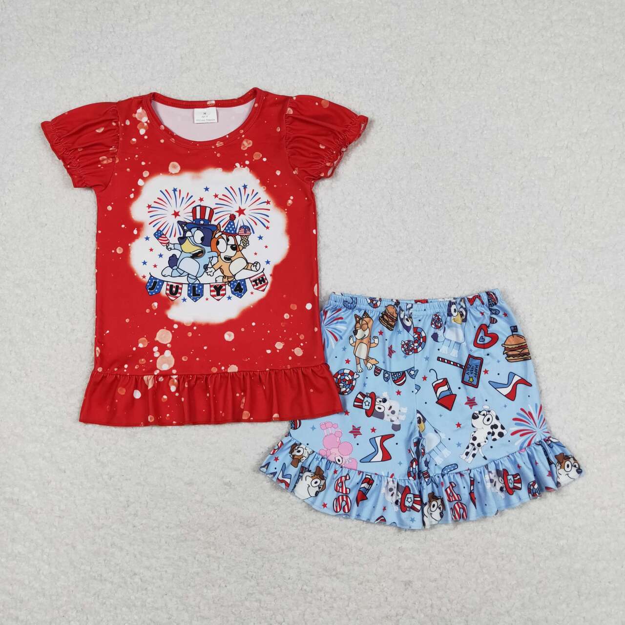 GSSO0804 July 4th cartoon blue dog red short sleeve blue shorts girls set