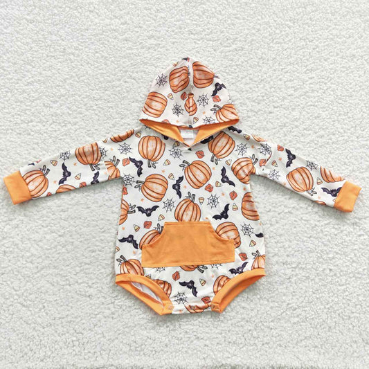 LR0273 Halloween Pumpkin Orange Pocket Long Sleeves Hoodie Romper