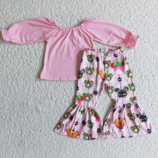6 C10-20 Pink Christmas Off Shoulder Cartoon Kids Clothing