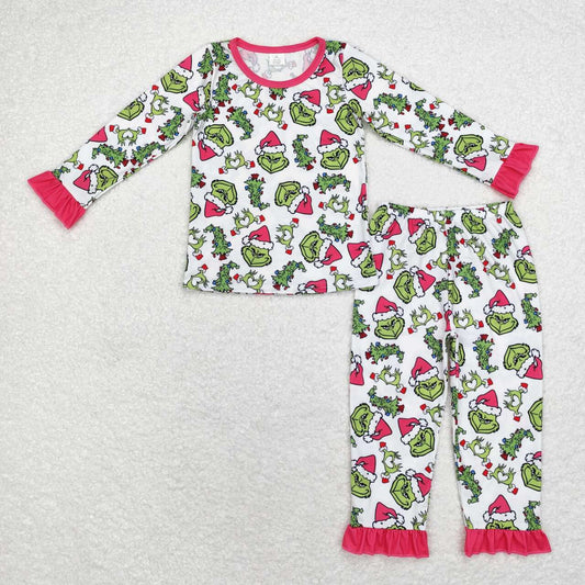 GLP1478 Christmas green face hot pink long sleeve pants girls pajamas