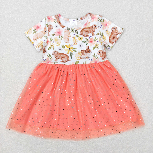 GSD0605 Easter Rabbit Flowers Orange Short Sleeve Girls Tutu Dress