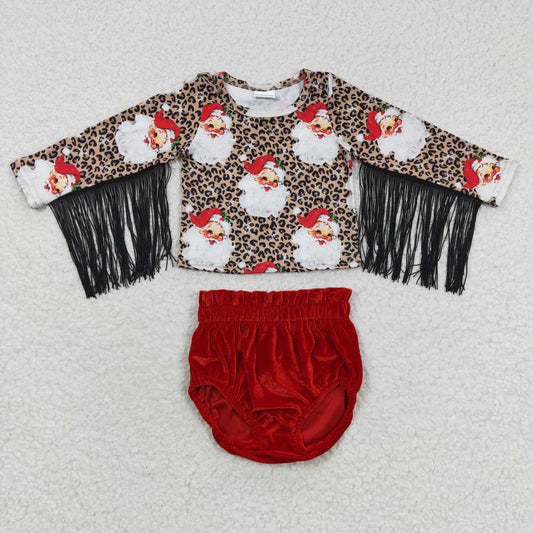 Christmas Santa Claus Leopard Tassels Top Red Velvet Bummies Set