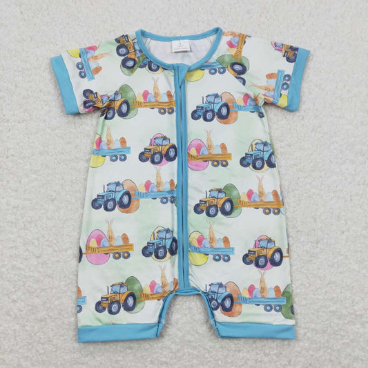 SR0883 Easter Tractor Truck Egg Rabbit Blue Short Sleeve Boys Zipper Romper