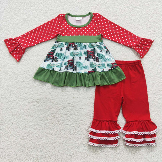 6 B15-16 Christmas tree truck red dot long sleeve pants girls set