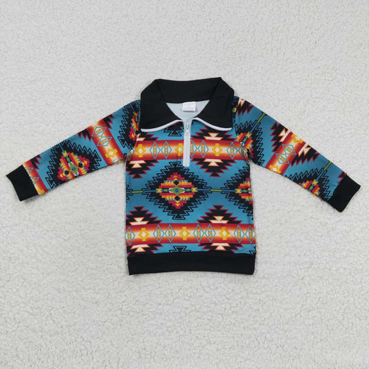 BT0227 Geometric Pattern Blue Zipper Long Sleeve Boys Top