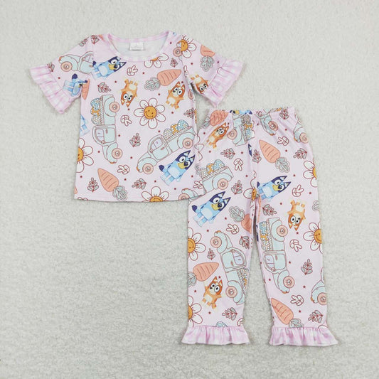 GSPO1278 Easter Cartoon Blue Dog Carrot Flowers Pink Short Sleeve Pants Girls Pajamas