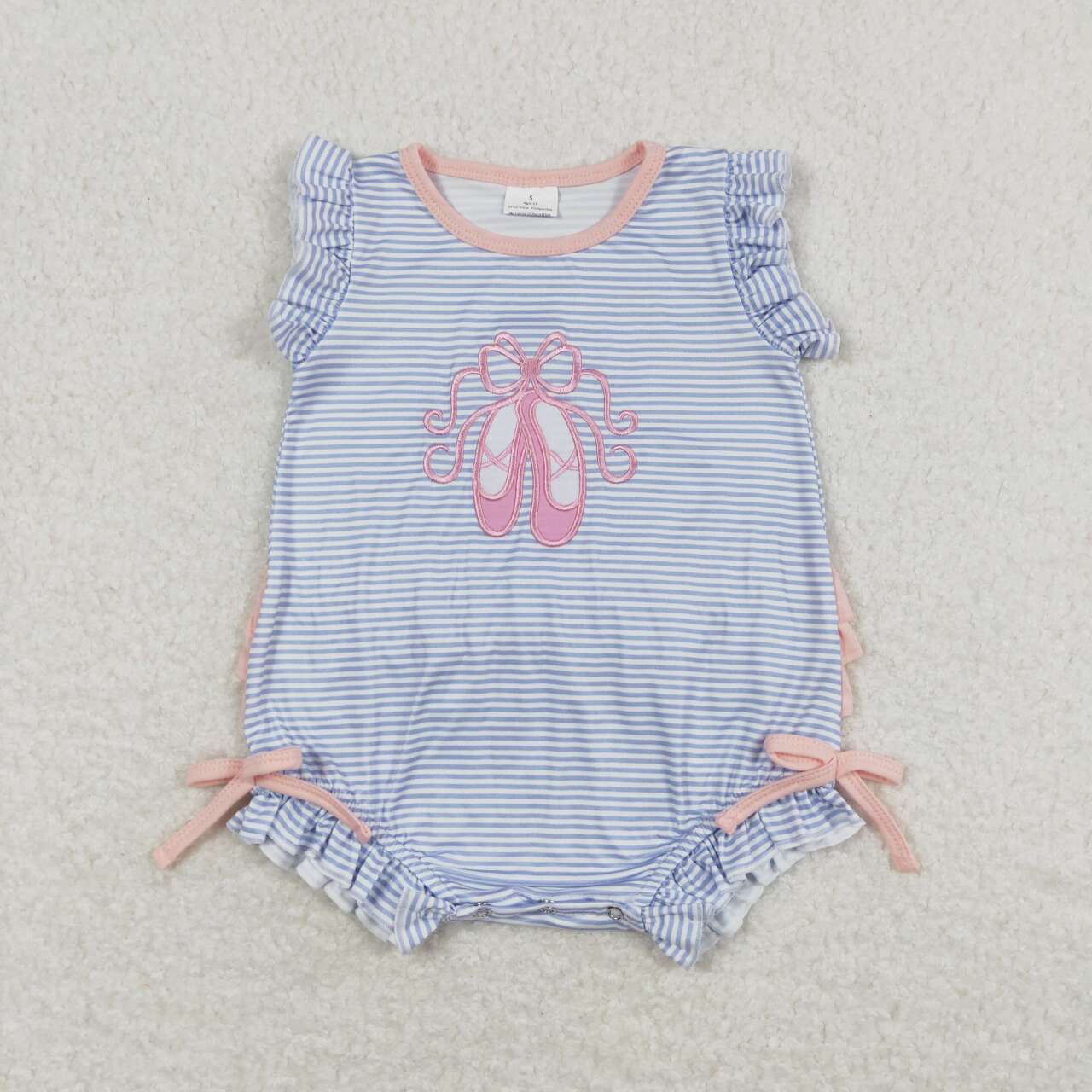 SR0931 embroidery Pink Dance Shoe Blue Striped Flutter Sleeve Girls Romper