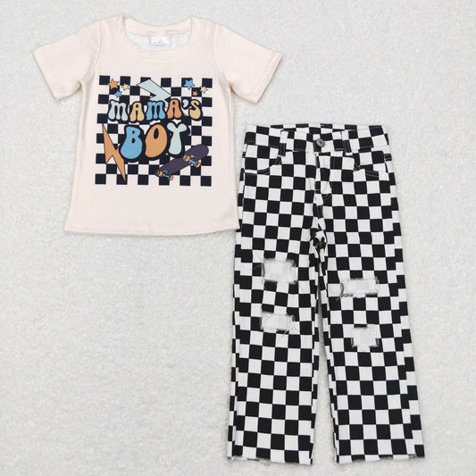 BSPO0243 Mamas Boy cartoon short sleeve black checkered ripped denim pants boys set