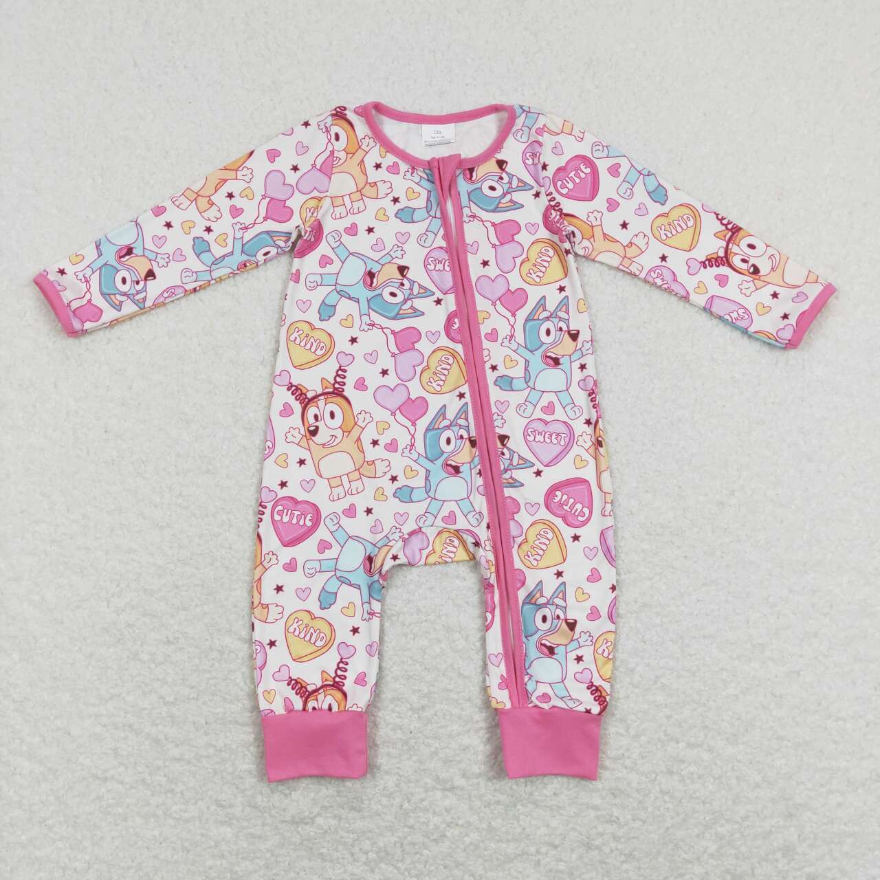 LR0886 Valentine's Day Sweet Cartoon Blue Dog Pink Long Sleeve Zipper Girls Romper