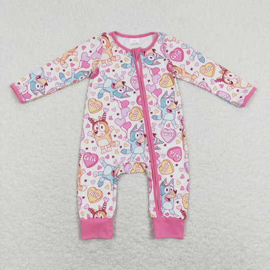 LR0886 Valentine's Day Sweet Cartoon Blue Dog Pink Long Sleeve Zipper Girls Romper