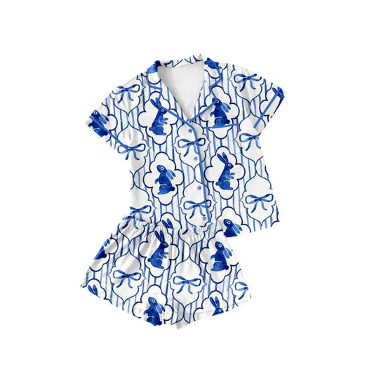 Custom moq 20 Easter blue rabbit bunny bows short sleeve shorts girls pajamas