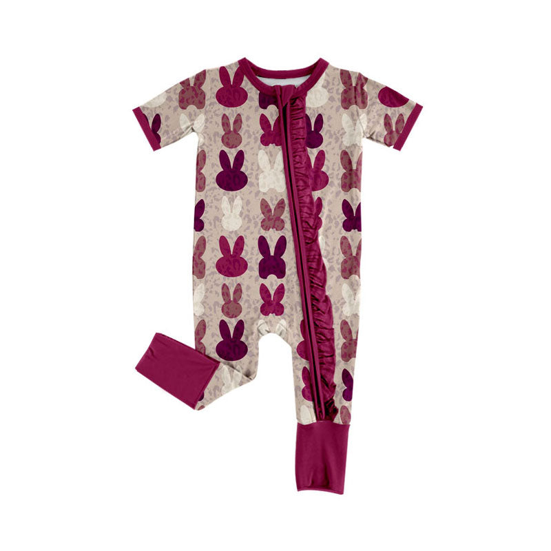 custom moq 5 Easter bunny rabbit maroon purple short sleeve zipper girls romper