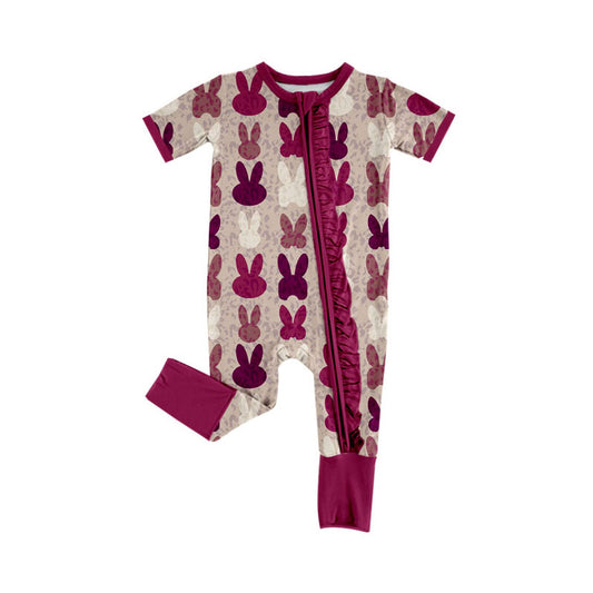 Custom moq 20 Easter bunny rabbit maroon purple short sleeve zipper girls romper