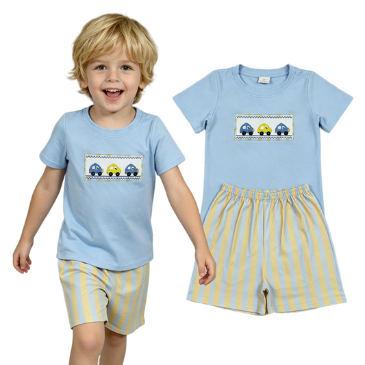 Embroidery BSSO0617 Little car blue short sleeve yellow striped shorts boys set