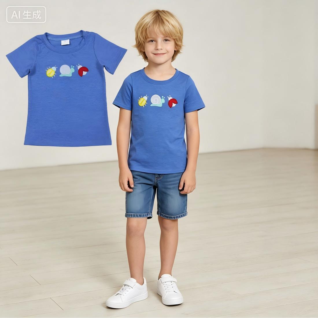 Embroidery BT1725 Ladybug Snail Blue Short Sleeve Boys Top