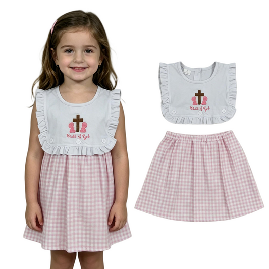 Embroidery GSD3201 Easter Cross Child Of God Pink Checkered Girls Dress