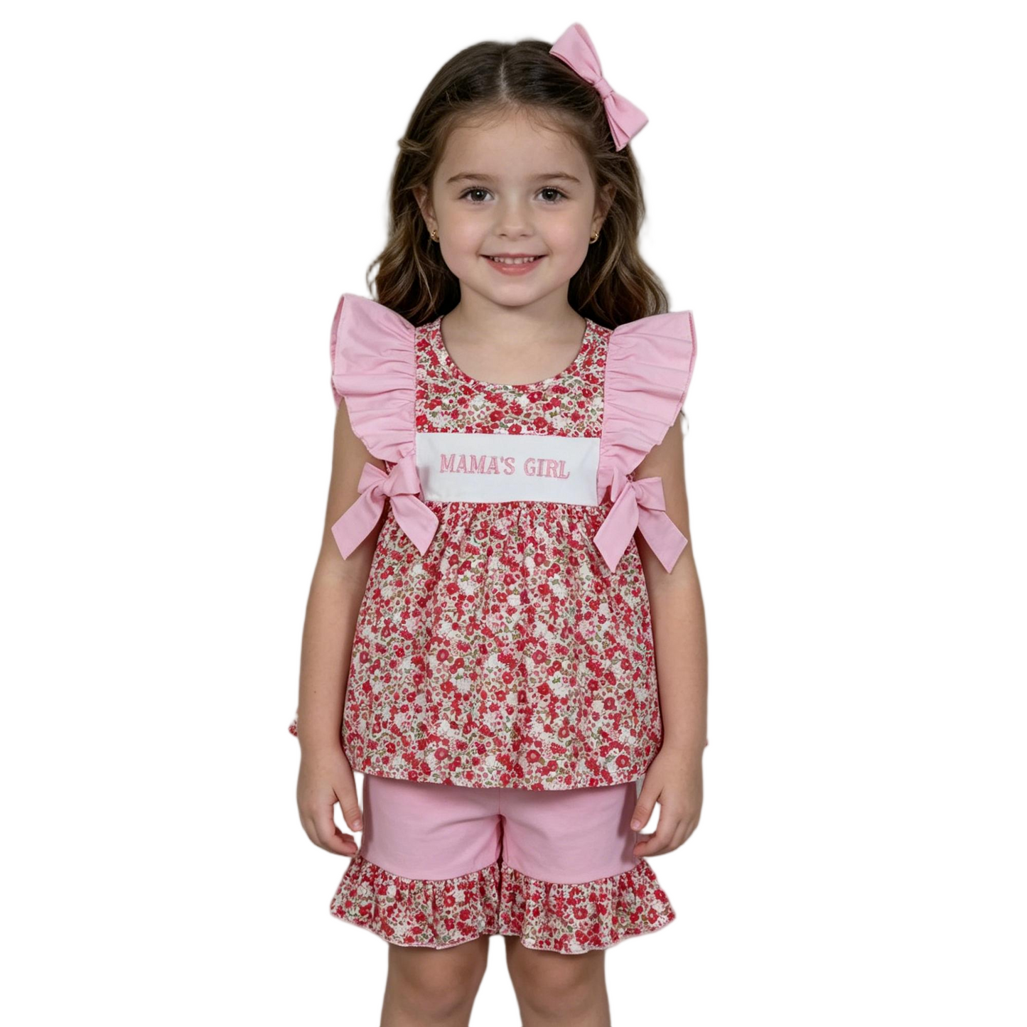Embroidery GSSO3131 Mama's Girl Flowers Pink Flutter Sleeve Shorts Girls Set