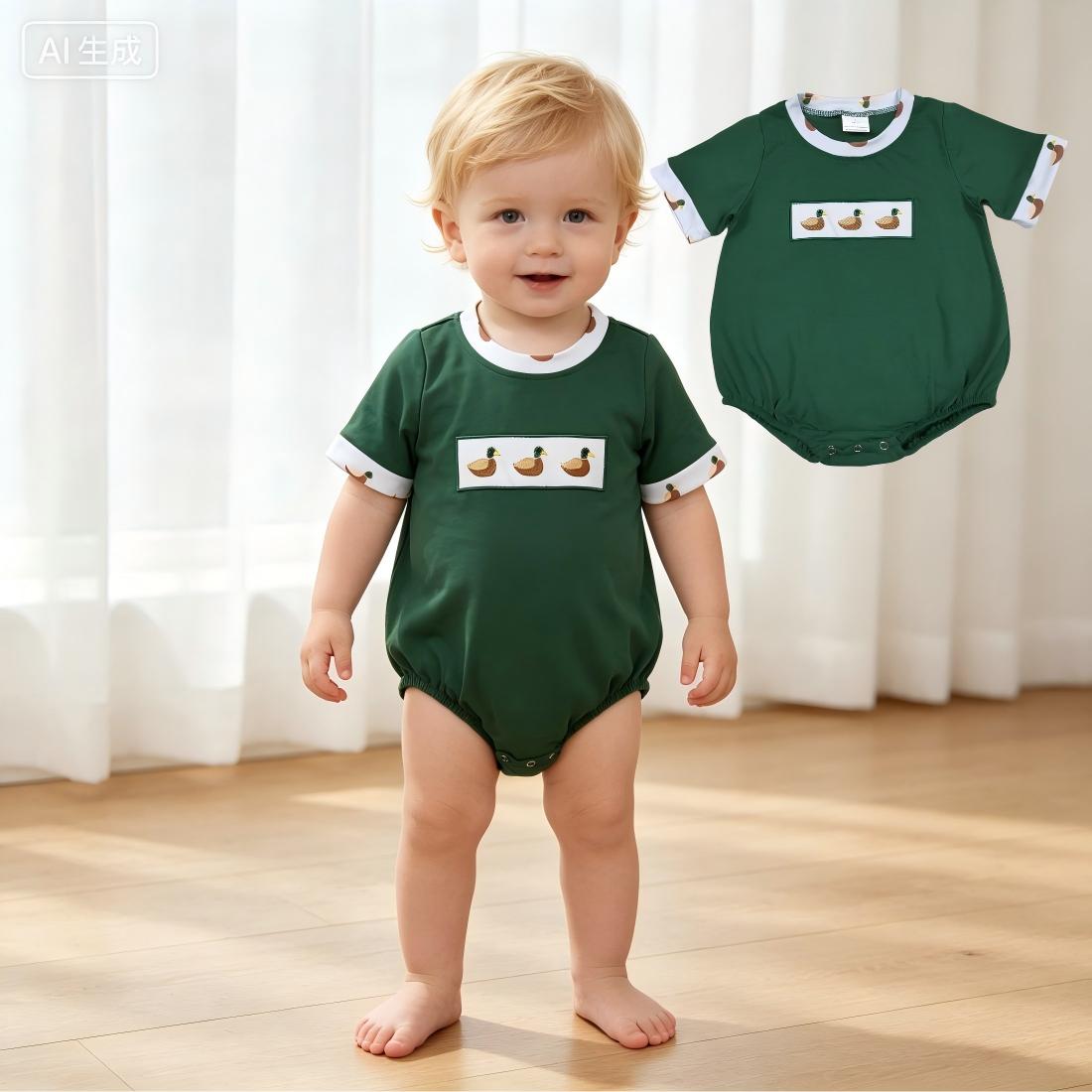 Embroidery SR4092 SR4091 Hunting Mallard Duck Green Short Sleeve Boys Romper