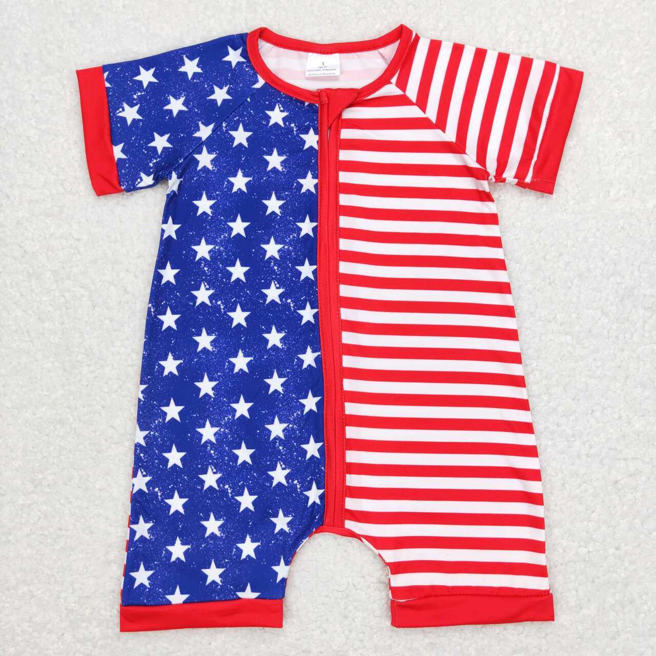 SR0673 July 4th star red striped kids zipper short sleeve romper