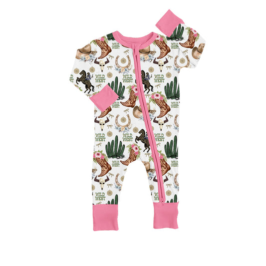 preorder LR0677 Wild west cactus boot pink long sleeve girls romper