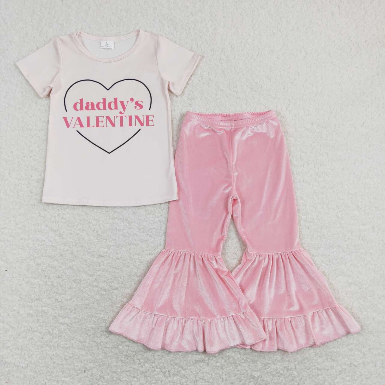 GSPO1397 Daddy's Valentine Short Sleeve Pink Velvet Bell-bottom Pants Girls Set