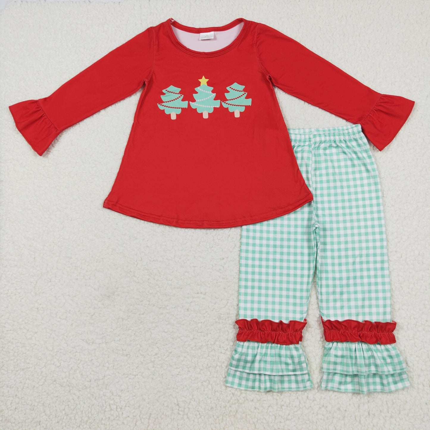 GLP1331 Merry Christmas green tree red long sleeve green checkered pants girls dress