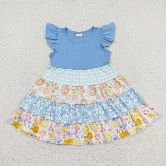 GSD1073 multi color flowers blue flutter sleeve girls dress