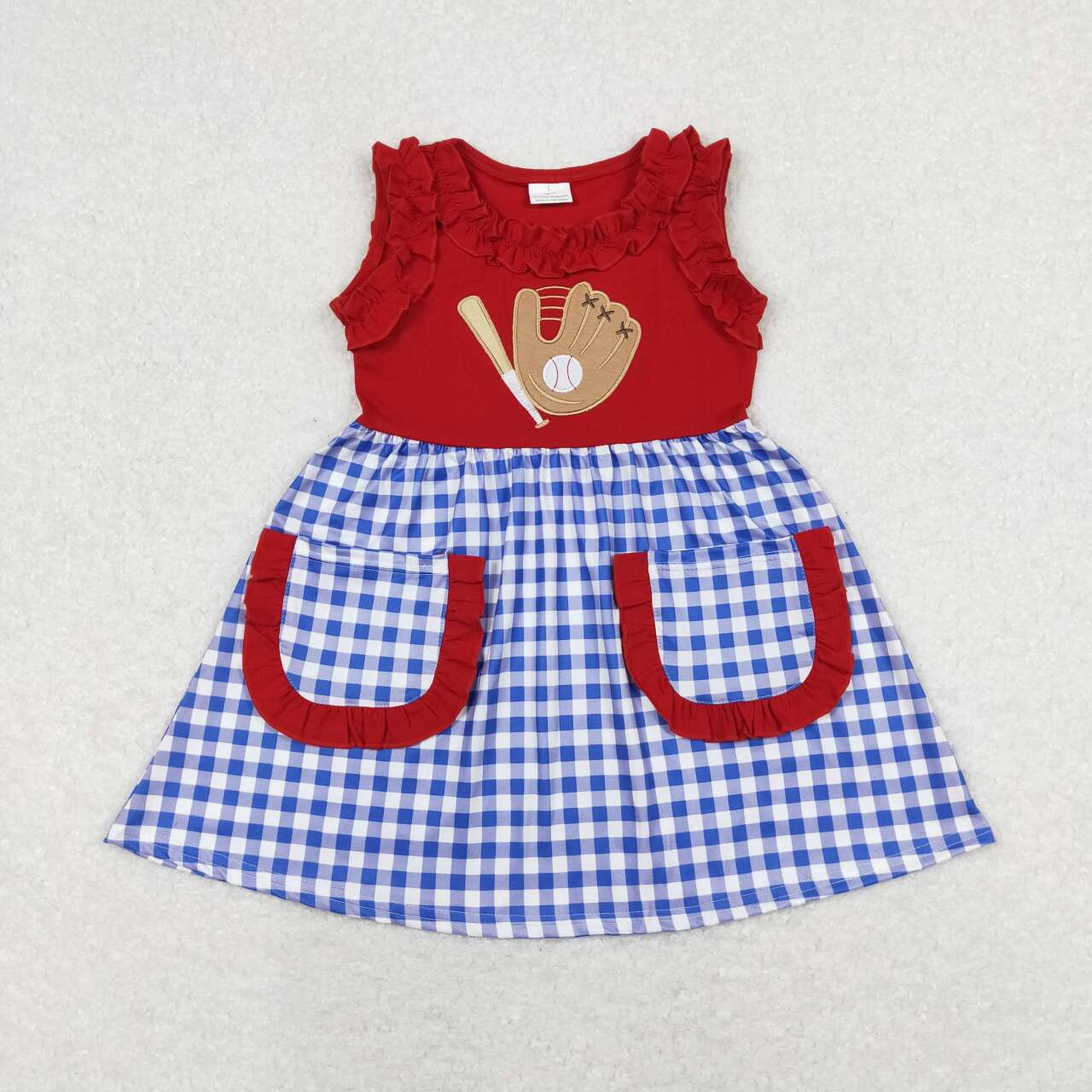 GSD0566 embroidery Play baseball red pockets blue checkered sleeveless girls dress