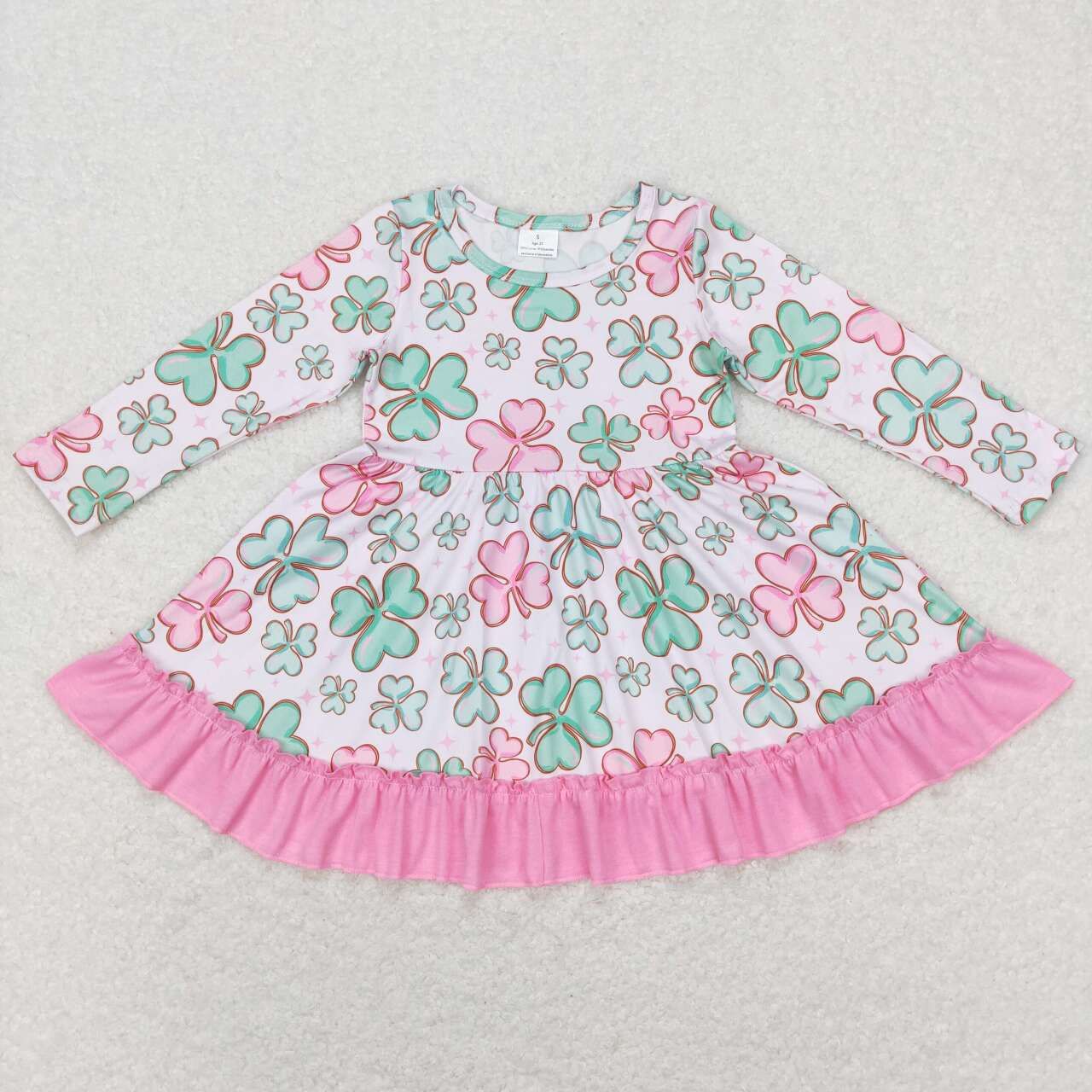 GLD0503 Girl Clover Pink Long Sleeve Girls Dress Kids Saint Patrick Clothes