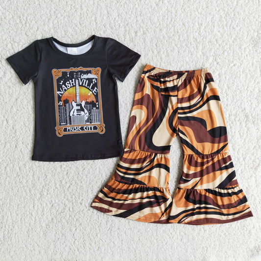 E7-29 Music City Black Top Match Tiger Print Kids Outfits