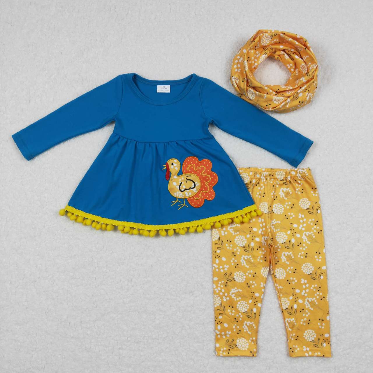 GLP0720 Thanksgiving turkey blue long sleeve white flowers yellow pants girls set