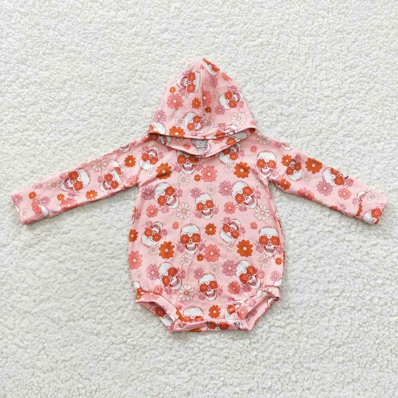 LR0269 Halloween Skull Flowers Orange Long Sleeve Hoodie Kids Romper