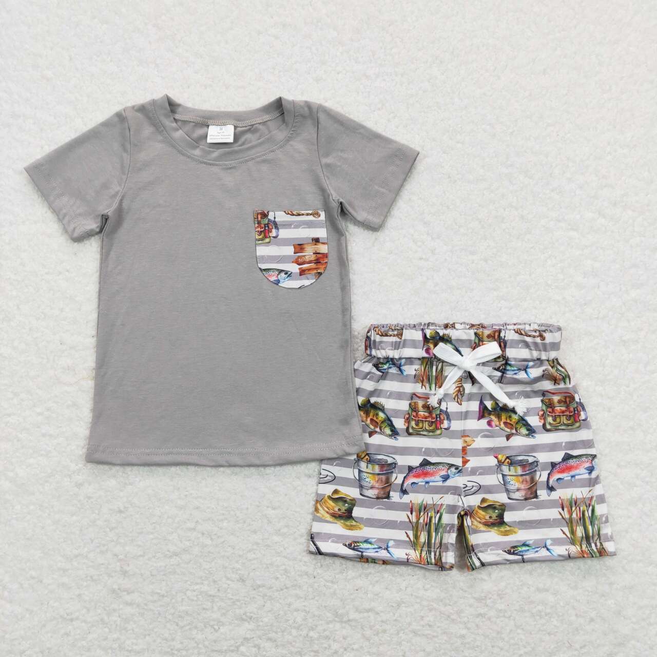 BSSO0481 Boy Fishing Grey Pocket Short Sleeve Shorts Boys Set Kids Hunting Clothes